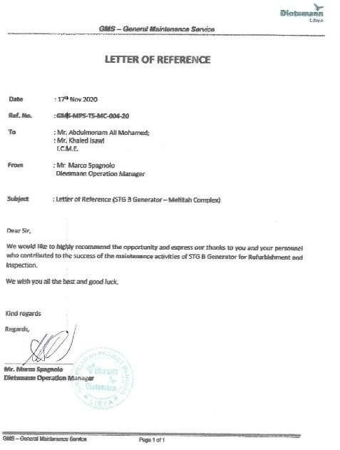 Letter of Reference (STGB Generator-Mellitah Complex)